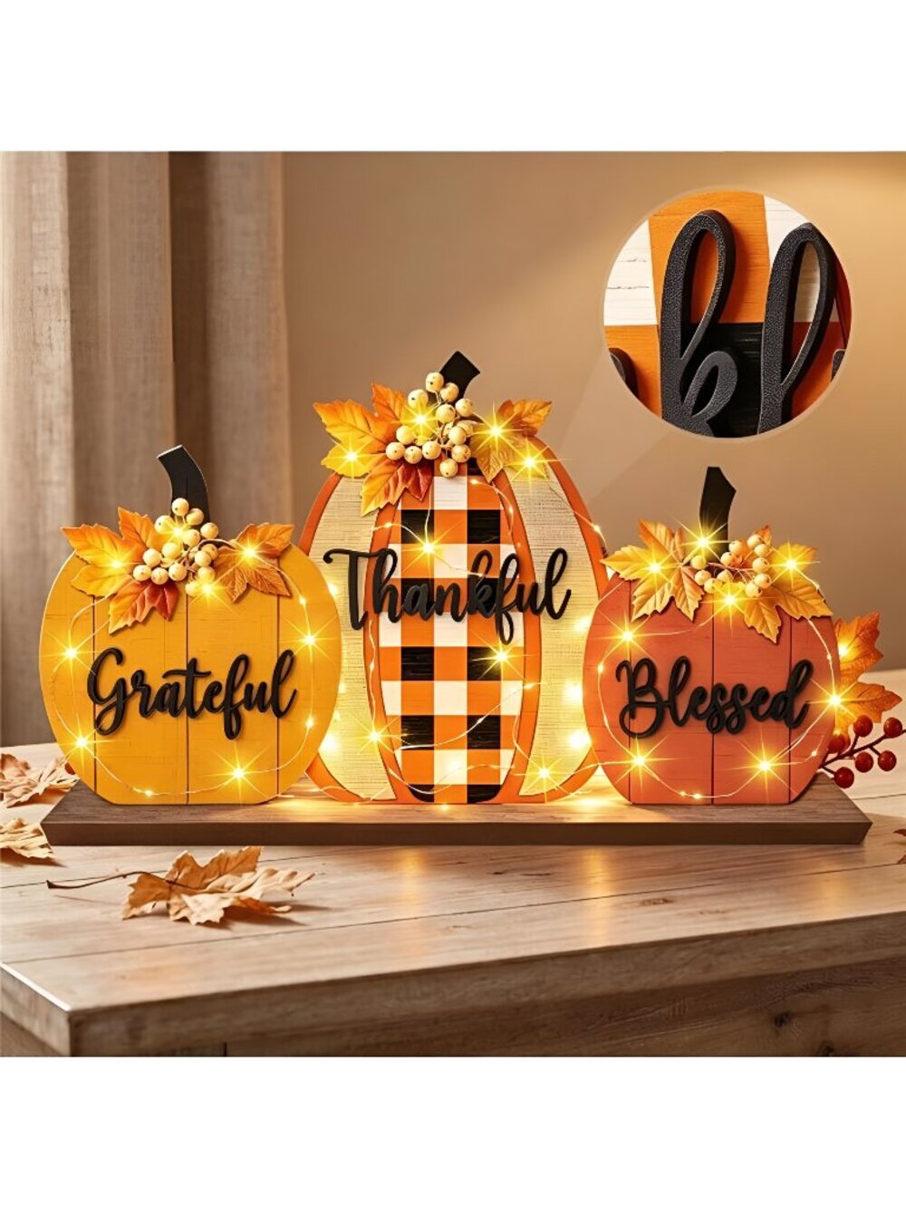 Fall Pumpkin Table Sign with LED Lights, Blessed Grateful Thankful Rustic